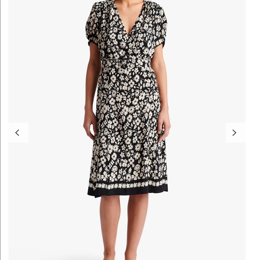 Gerard Darel Black and Cream Floral Wrap-Style Midi Dress